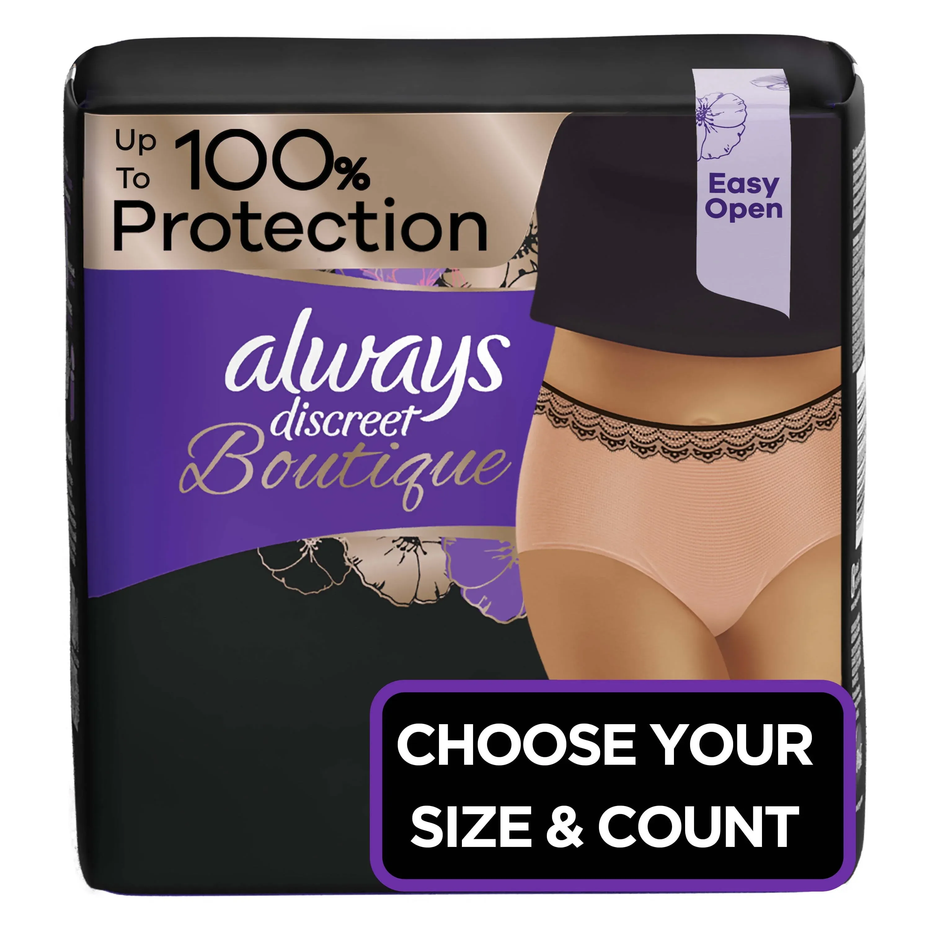 Always Discreet Boutique Incontinence Underwear, Maximum Protection, Size S/M, Rosy, 40 Ct