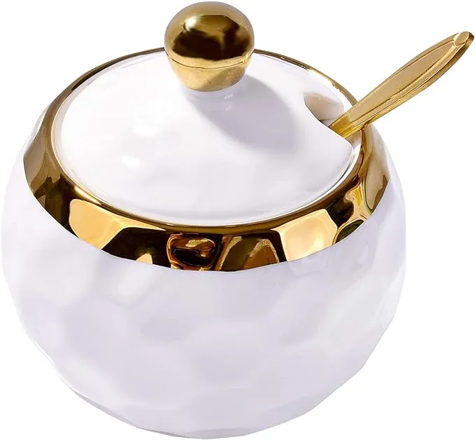 Ceramic Sugar Bowl Golf Shaped Ceramic Sugar Bowl with Lid and Golden Spoon f...