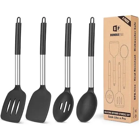 Pack of 4 Silicone Cooking Utensils Set, Non Stick Large Solid Spatulas, Heat Resistant Black Slotted Spoons, Ideal BPA Free Kitchen Turners for Frying, Mixing,Serving,Draining,Turning,Stirring