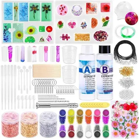 219Pcs Resin Kit for Beginners, Thrilez Resin Mold Kit with Resin Molds Silicone and Epoxy Resin Supplies Include Dried Flowers, Foil Flakes, Necklace Cord, Earring Hooks for DIY Jewelry Making