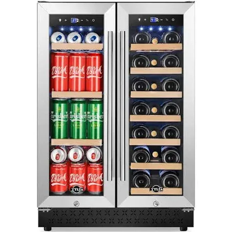 Tylza Upgraded Wine and Beverage Refrigerator 24 Inch, Dual Zone Wine Beverage Cooler with French Door, Under Counter Wine Beer Fridge Built-In or Freestanding, Holds 20 Bottles and 88 Cans TYBC120-3