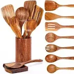 Zulay Kitchen 9-Piece Teak Wooden Utensils for Cooking - Natural Teak Utensil Set with Premium Gift Box - Non-Stick Wooden Spoons for Cooking - Kitchen Gift Set - Comfortable Grip Wooden Utensil Set