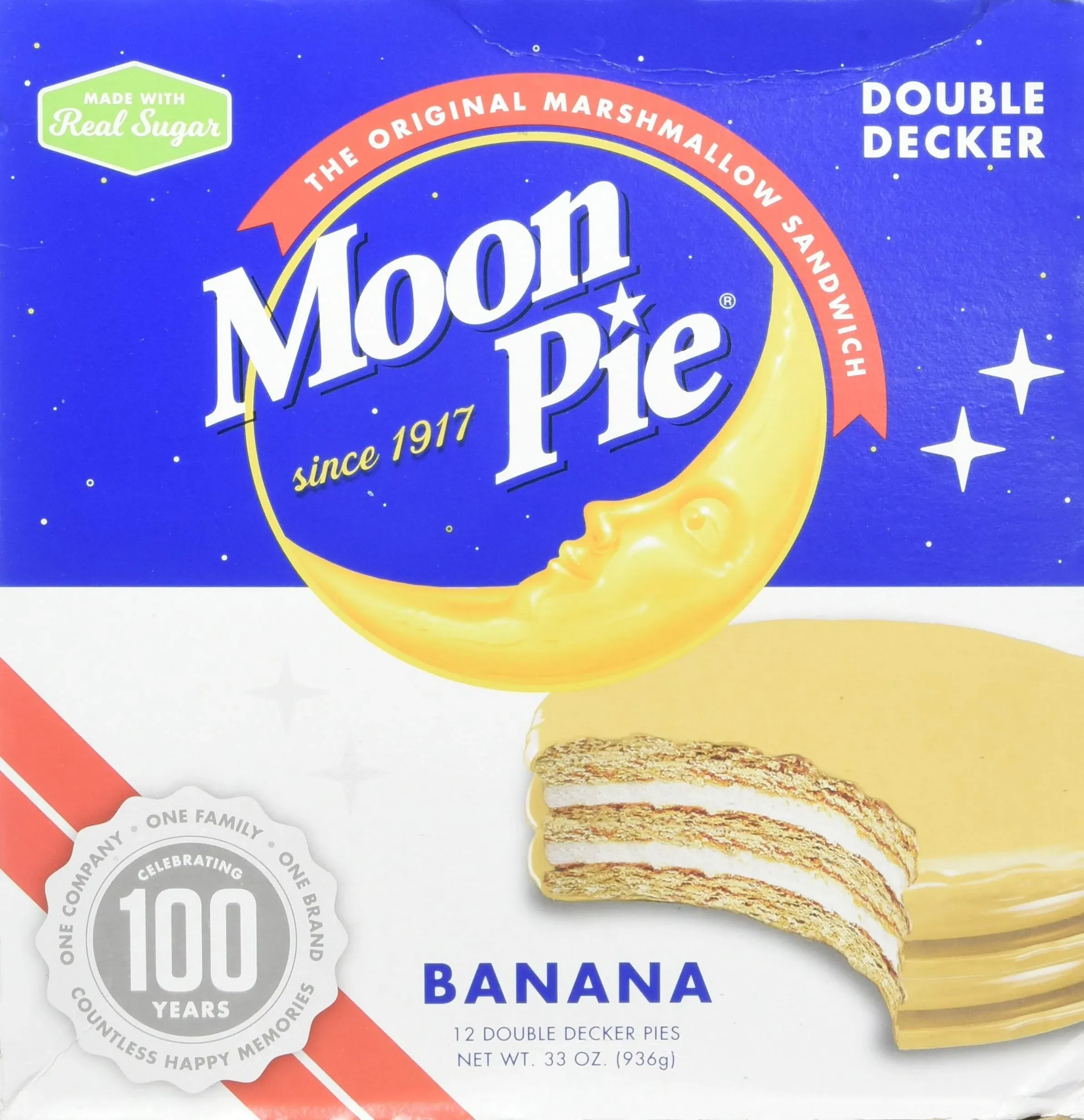 Moon Pie Double Decker Banana Marshmallow Sandwich 2oz, 12 Count Box ( 72 Count Total) | Double Layer Banana Covered G