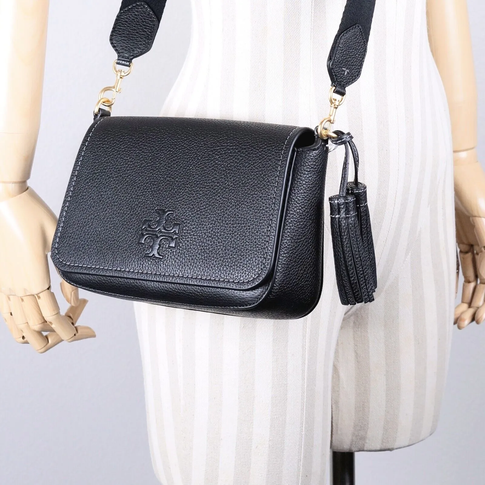 Tory Burch Thea Black Pebbled Leather Flap Crossbody Shoulder Bag Purse 144688