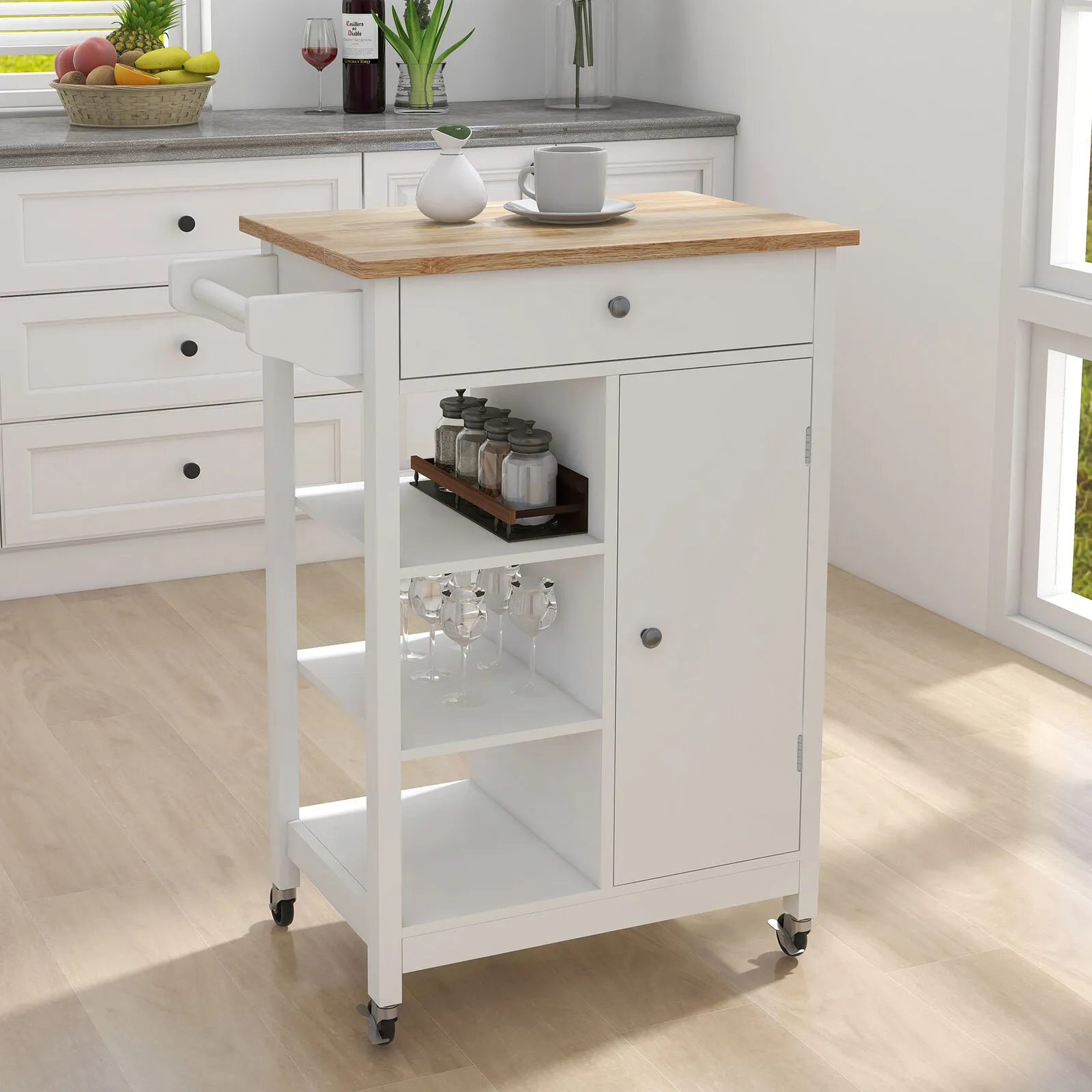 Mobile Kitchen Island on Wheels, Rolling Trolley Cart with Drawer &amp; Open Shelves