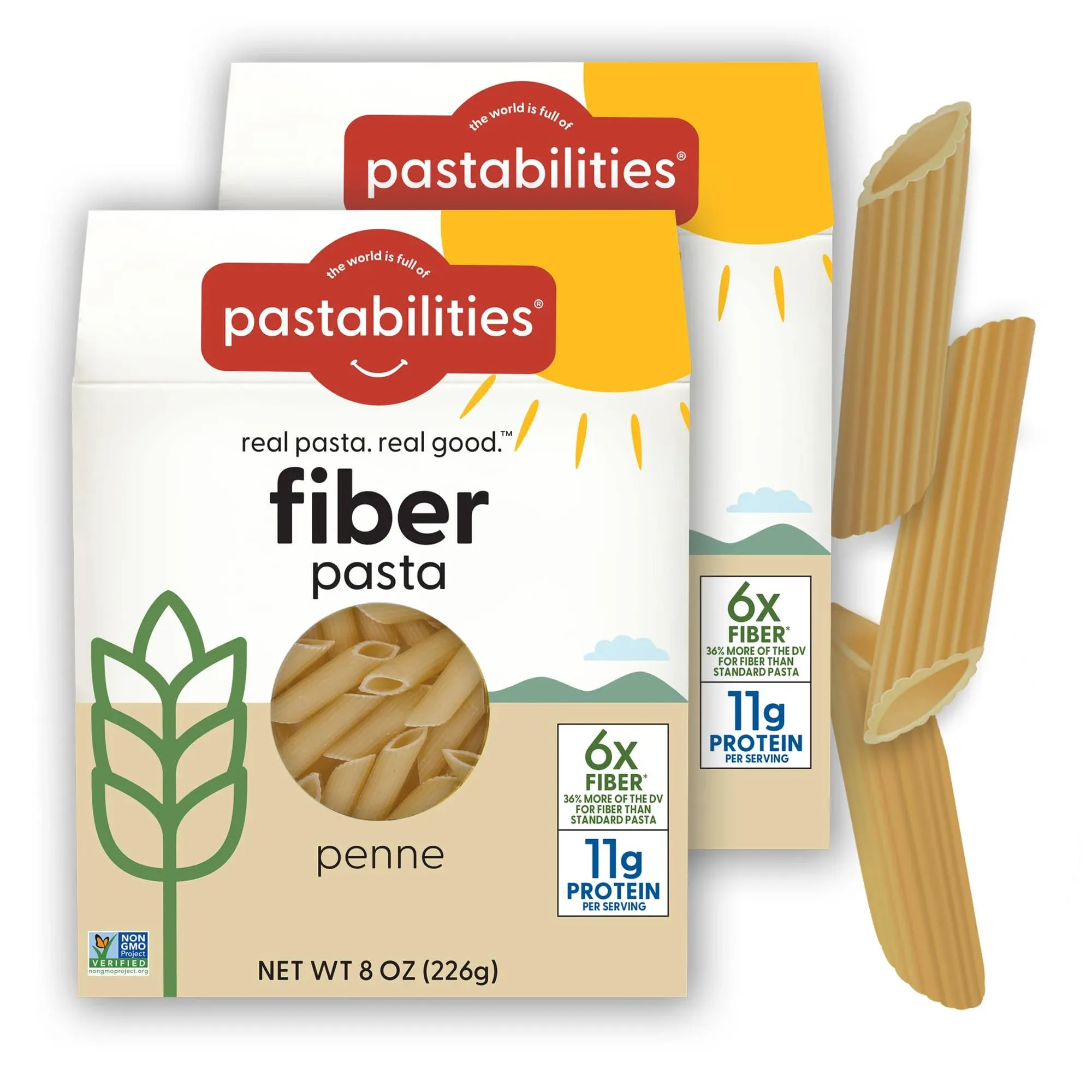 Pastabilities, High Fiber Pasta, Penne Shaped Pasta (8 oz, Pack of 2), Excellent Source of Fiber, Good Source of Protein, 11g of Protein per Serving,