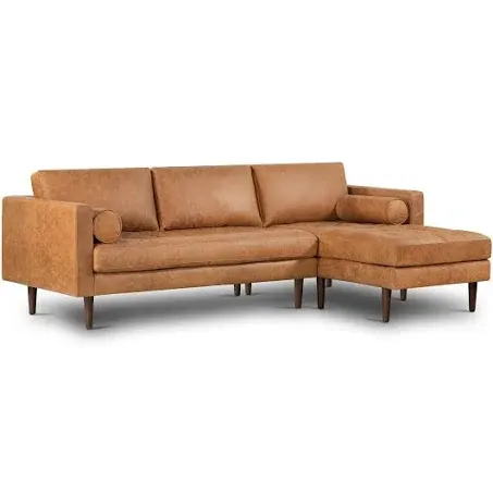 POLY & BARK Napa Leather Couch – Right-Facing Sectional Leather Sofa - Tufted Back Full Grain Leather Couch with Feather-Down Topper On Seating Surfaces – Pure-Aniline Italian Leather – Cognac Tan