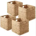 Casafield 12" x 12" Water Hyacinth Storage Baskets, Natural - Set of 4 Collapsible Cubes, Woven Bin Organizers for Bathroom, Bedroom, Laundry, Pantry