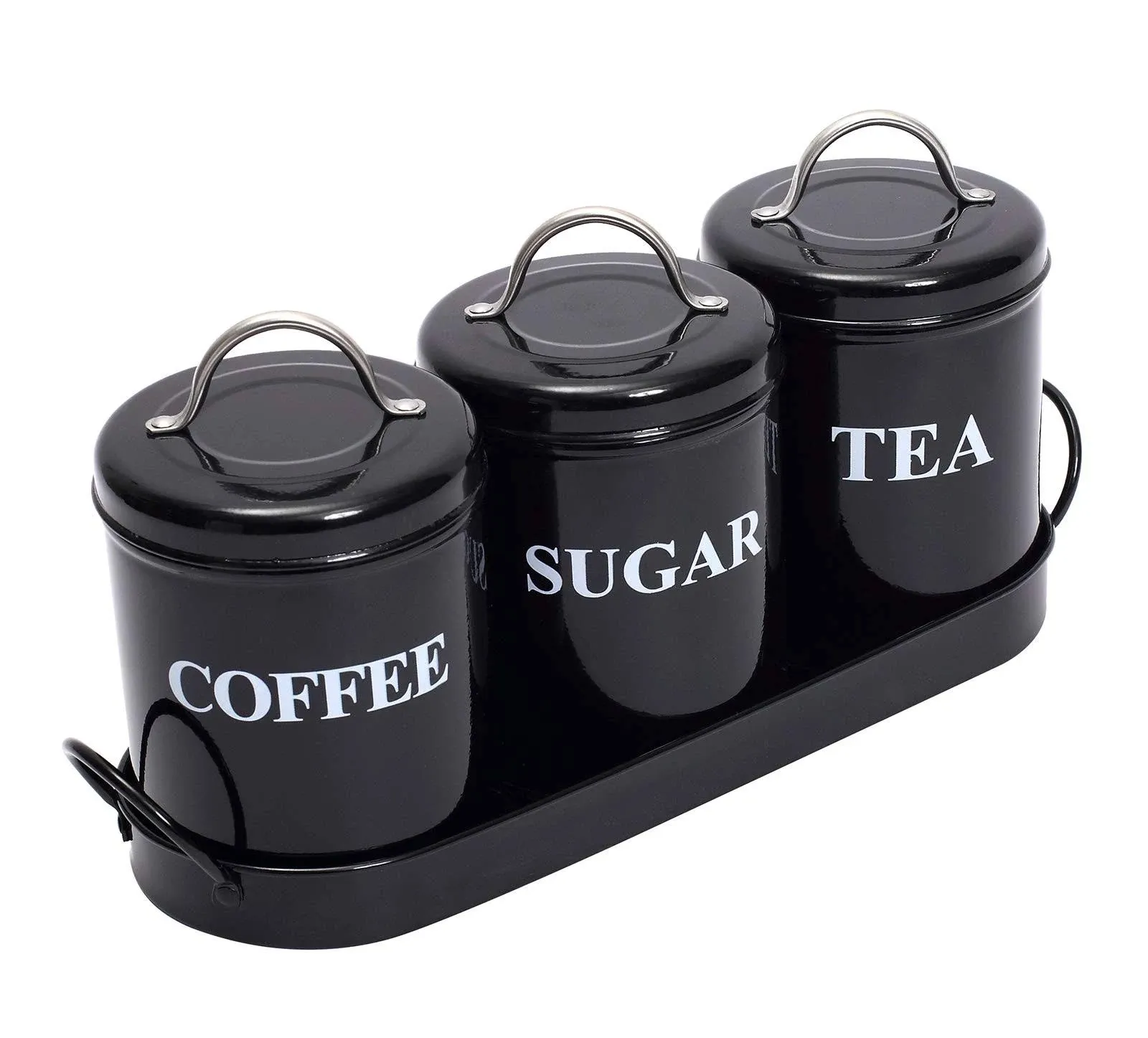 3-Piece Vintage, Retro, Farmhouse Metal Containers with Lids, Coffee, Tea, Sugar Set Canister With Tray For Food Storage, Black