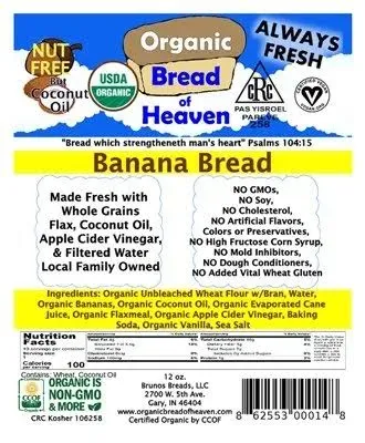 Organic Bread of Heaven ~ Banana Bread - 2 loaves~ USDA Organic