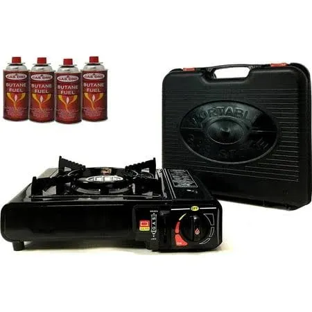 Portable Butane Gas Stove & 4 Pack Butane Canister Complete Set with Carrying ...