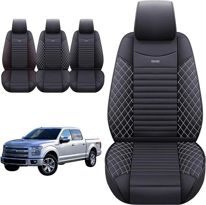 Aierxuan 2 Front Seat Covers 2009-2025 Ford F150 Truck Pickup Crew Regular Extended Cab Waterproof Leather Seat Protectors Custom Fit for 2017-2025 F250 F350 F450(2 PCS Front, Black-White)