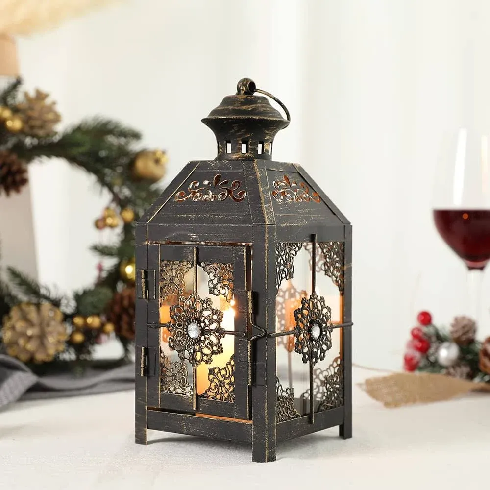 JHY DESIGN Decorative Lantern 9.5" High Metal Candle Lantern Vintage Style Hanging Lantern for Wedding Parties Indoor Outdoor(White with Gold Brush).