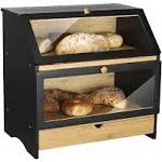 HOMEKOKO Large Bamboo Two-layer Bread Box With Drawer, Double Layers Large Bread Box for Kitchen Counter, Wooden Large Capacity Bamboo Bread Food Storage Bin (BLACK)