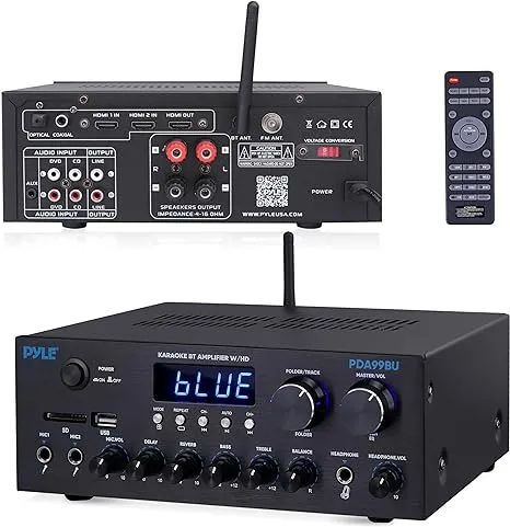 Pyle Bluetooth Home Audio Amplifier Receiver Stereo 300W Dual Channel Sound Audio System w/MP3, USB, SD, AUX, RCA, MIC, Headphone, FM, LED, Reverb Delay, for Home Theater Speakers, Studio - PDA69BU