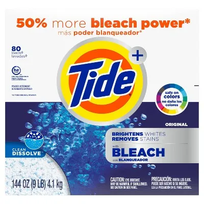 Tide Plus Bleach Powder Laundry Detergent, Original, 89 Loads, 144 Ounce, White