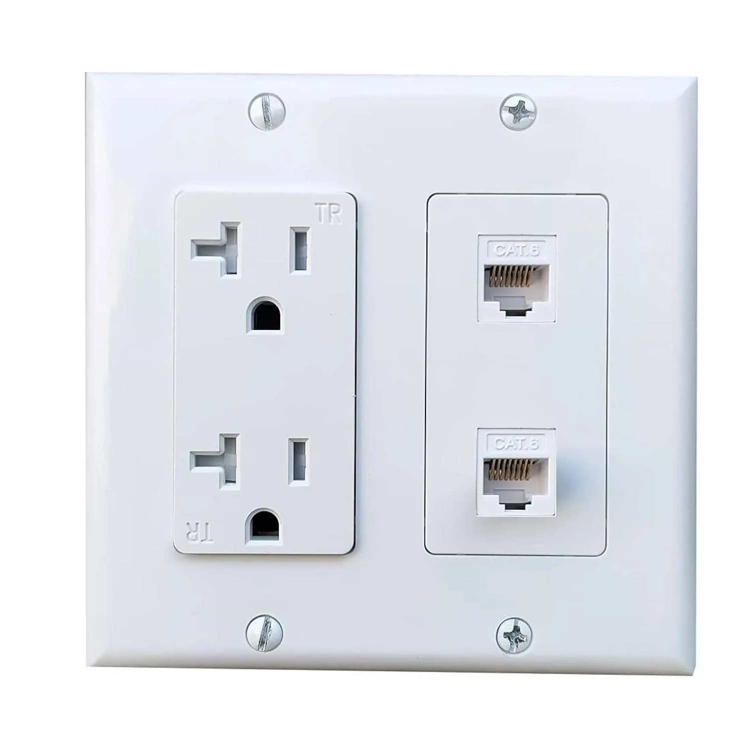 20Amp Power Outlet with 2 Cat6 Ethernet Port - Double Gang Ethernet and Electric