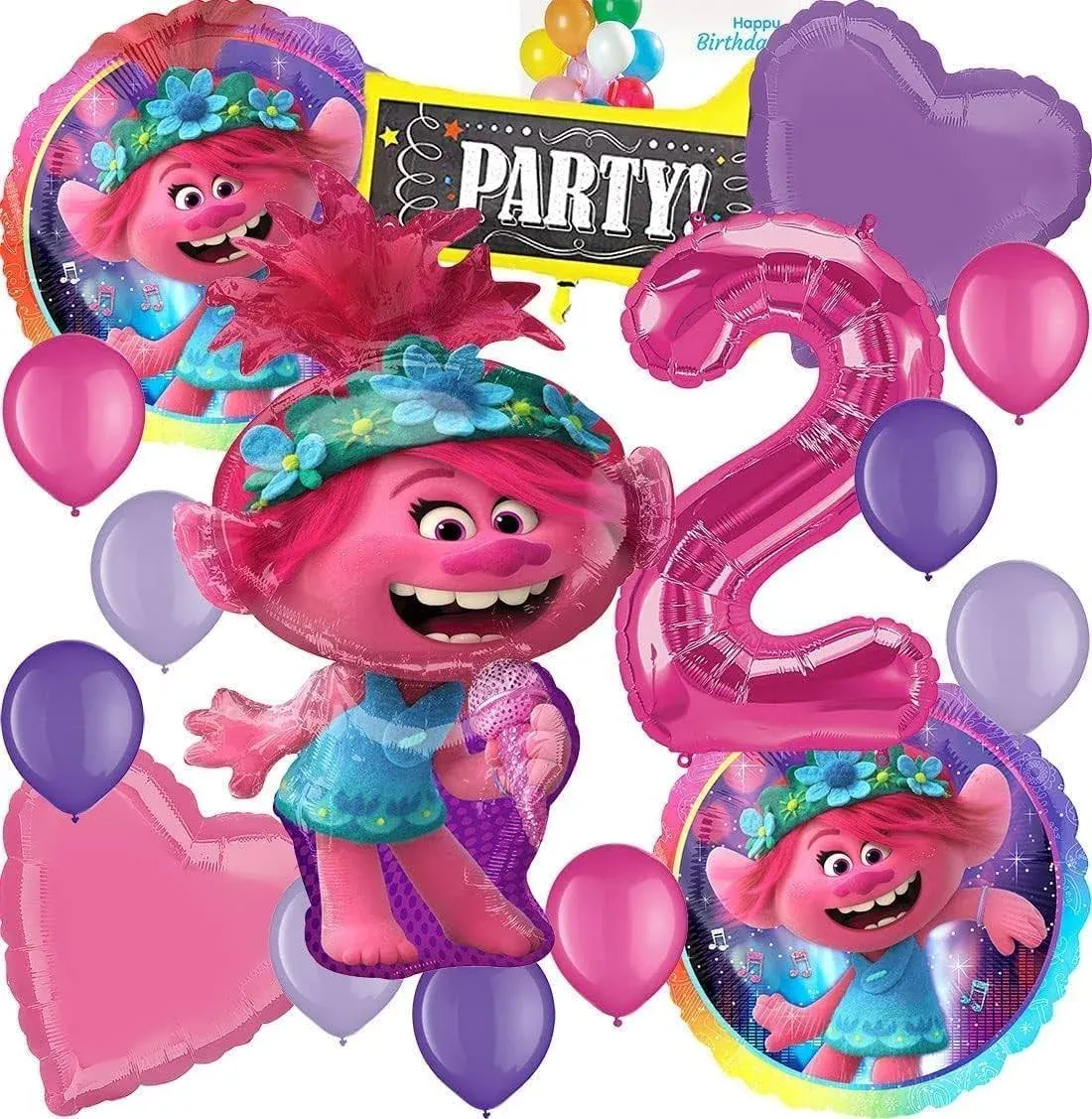 Anagram for Trolls, Girls Birthday Party Foil Balloon Bouquet Set 2nd Birthday