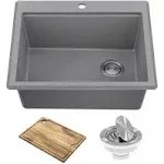 Kraus KGTW12-25MGR Bellucci 25 inch Granite Composite Workstation Drop-In Top Mount Single Bowl Kitchen Sink with Accessories, Metallic Grey