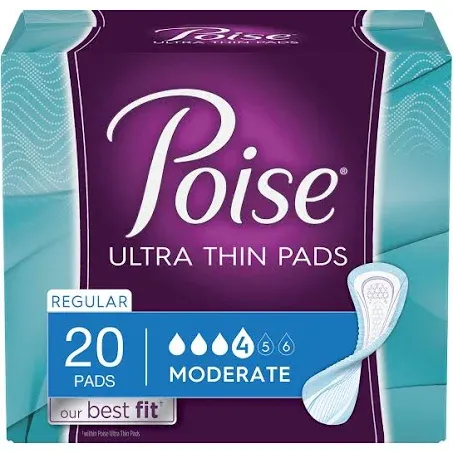 Poise Ultra Thin Incontinence Pads, Moderate Absorbency, Regular, Unscented, 80 Count (4 Packs of 20)