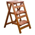 Giantex Step Folding Wooden Step Stool Portable Anti-Slip Step Ladder Foldable Wood Counter Staircase Multifunctional Flower Shelf & Chair for Kitchen/Garage/Living Room/Library