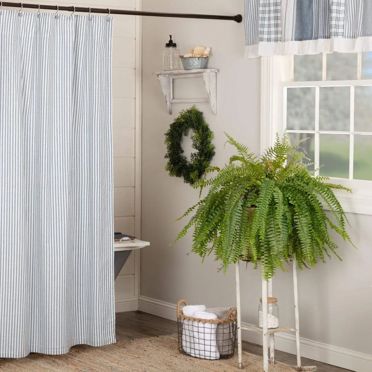 VHC Sawyer Mill Blue Ticking Stripe Shower Curtain 72x72 ~ Farmhouse Bath