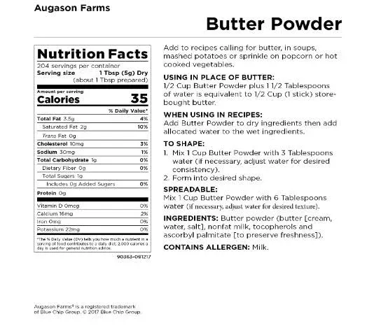 Augason Farms Dehydrated Butter Powder Resealable Pouch Emergency Food Storage 10 oz.