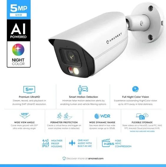 Amcrest 5MP Security Camera System, 4K 8CH PoE NVR, (4) x 5-Megapixel Night Color Bullet POE IP Cameras, Active Deterrent, Pre-Installed 2TB Hard Drive, NV4108E-B1276EW4-2TB (White)