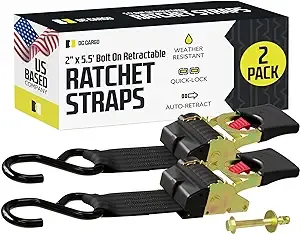 DC Cargo Bolt-on Auto Retractable Ratchet Straps - (2 Pack) 2 Inch x 5.5 Ft - 1,333 lbs Break Strength - Retractable Ratchet Tie Down Straps for Boats, Jet Skis, Motorcycles, ATVs