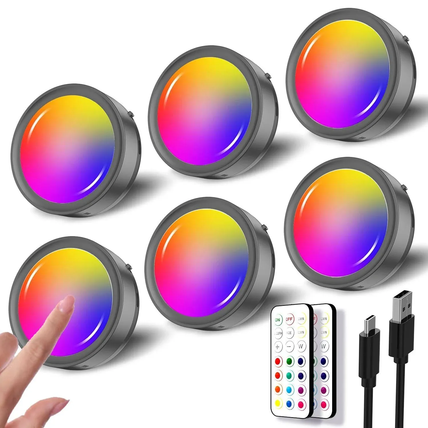 USB Rechargeable RGB Puck Lights with Remote, Black Color Changing Battery Powered Tap Light Classroom Magnetic Push lights Stick On Closet Lights Wireless LED Shelf Light Under Cabinet Touch Lights