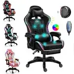 Gaming Chair with Bluetooth Speakers, Video Game Chairs with LED Light, Full Massage Lumbar Support and Backrest Adjustable Ergonomic Pro Computer Chair with Retractible Footrest,Black