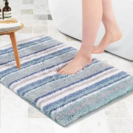 Carvapet Bathroom Rug Mat 24"x36" Soft Absorbent Fluffy Microfiber Bath Rugs Non-Slip Shaggy Bath Mats for Bath Sink, Tub and Shower Machine Wash Dry Bathroom Floor Mat Blue Grey White