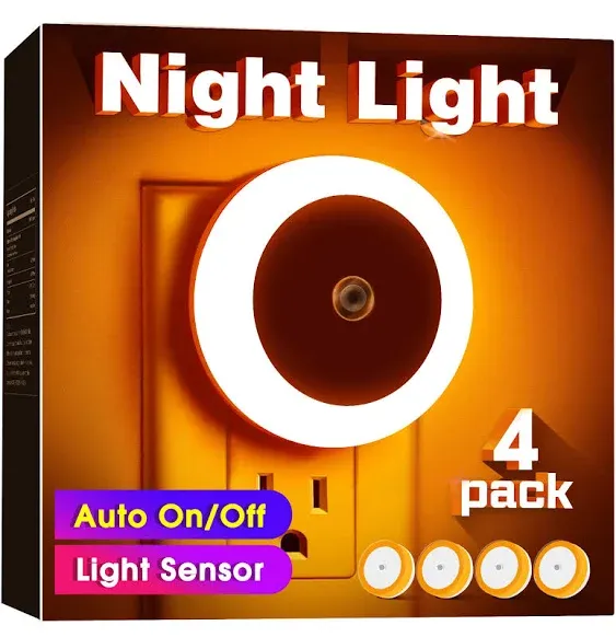 Briignite 4 Pack Amber Orange LED Night Light for Kids, Plug in Light Sensor Smart Night Light, Hallway Lights, Wall Light for Adult, 0.6W 60LM