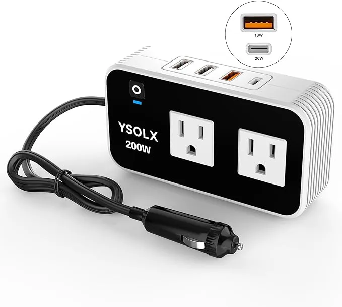 YSOLX 200W Car Power Inverter, DC 12V to 110V AC Inverter, Car Charɡer Adapter with [20W USB-C]/USB-QC(18W)/4.8A Dual USB/Dual AC Outlet, Car Pluɡ Adapter Outlet for Laptop/Road Trip