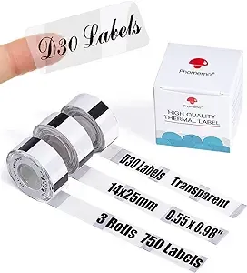 D30 Clear Label - D30 Transparent Thermal Label Tape Self-Adhesive Label Maker Paper 14mmx25mm (0.55”x0.98”) Compatible with Phomemo/Memoking D30 Printer, Ideal for Organization and Storage