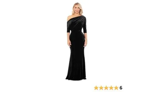 Betsy & Adam Women's Long Stretch Velvet One Off Shoulder Asymmetric Sleeve Gown