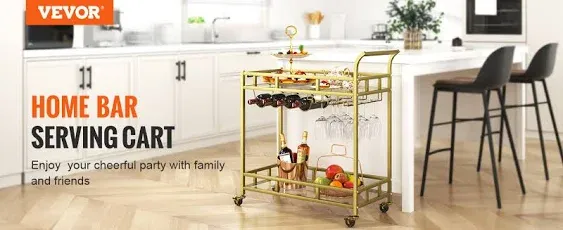 VEVOR 2 Tiers Gold Metal Bar Serving Cart with Wine Rack Glass Holder 120 lbs BLFWCCB15X315AFJYV0