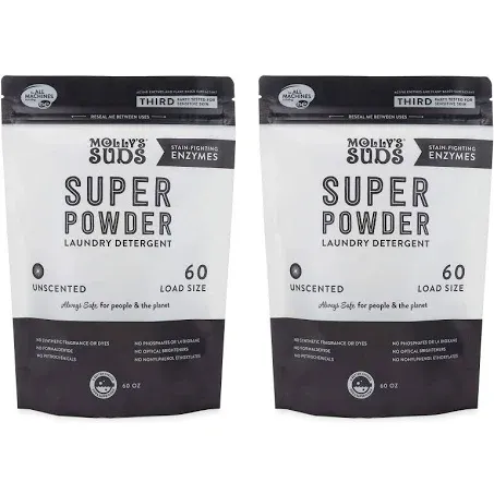 Molly's Suds Unscented Super Powder Detergent | Extra Strength Laundry Soap, Stain Fighting | Sensitive Skin | Simple, Effective Ingredients | 120 Loads Total (2 Pack)