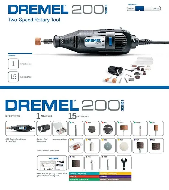 Dremel 200-1/15 Two-Speed Rotary Tool Kit with 1 Attachment 15 Accessories - Hobby Drill, Woodworking Carving Tool, Glass Etcher, Small Pen Sander, Garden Tool Sharpener, Craft and Jewelry Drill