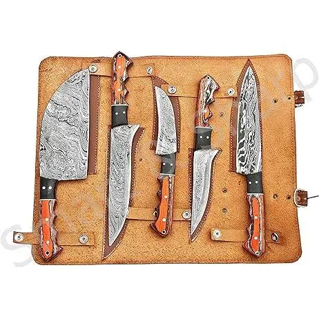 Smart & Sharp Custom Handmade Damascus Chef Knives Set/Kitchen Knives 5 Pieces Set SS-17210 and 17211 Poplar Wood