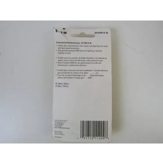 Bussmann BP/FRN-R-30 30 Amp Fusetron Dual Element Time-Delay Current Limiting Class RK5 Fuse, 250V Carded UL Listed, 2-Pack by Bussmann