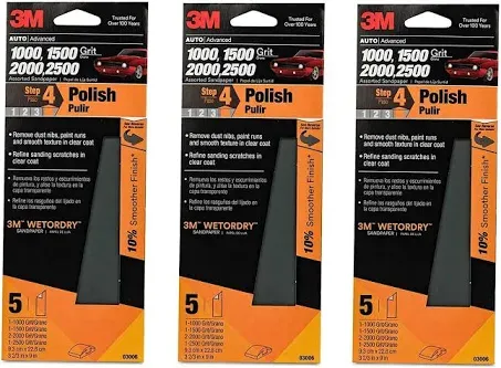 3M(TM) Wetordry(TM) Sandpaper, 03006, 3-2/3 in x 9 in, Assorted, 3 Pack