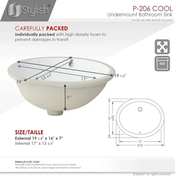 STYLISH Round Bathroom Sink 16 x 16 nch Ceramic Porcelain Undermount Bathroom Sinks, Enamel Glaze Finish, Smooth & Stain Resistant White Surface, with Polished Chrome and Matte Black Overflow, P-207