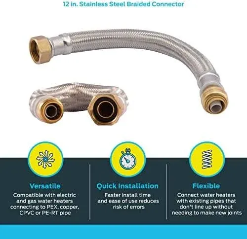 SharkBite 1/2 Inch x 3/4 Inch FIP x 12 Inch Stainless Steel Braided Flexible Water Heater Connector, Push To Connect Brass Plumbing Fitting, PEX Pipe, Copper, CPVC, PE-RT, HDPE, U3068FLEX12LF