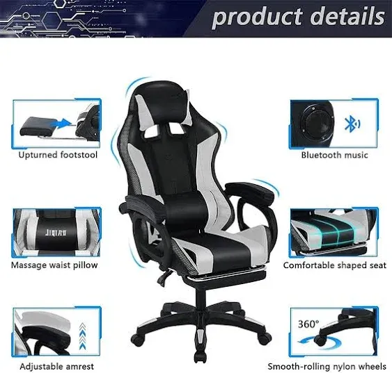 Gaming Chair with Bluetooth Speakers, Video Game Chairs with LED Light, Full Massage Lumbar Support and Backrest Adjustable Ergonomic Pro Computer Chair with Retractible Footrest,Black