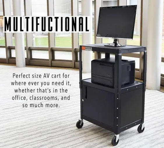 Line Leader AV Cart w/Locking Cabinet, Black Metal Utility Cart with Storage Shelf - Height Adjustable, Mobile and Great for Offices, Classrooms, Libraries (Black, 24in x 18in)