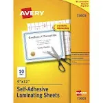 Avery AVE73603 Self-Adhesive Laminating Sheets, Clear, 9" x 12" - 10 sheets each