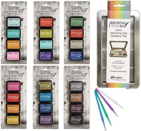 Ranger Tim Holtz Distress Archival Mini Ink Complete Bundle - Including Sets 1, 2, 3, 4, 5, and 6 - with Trebbies Detail Sticks