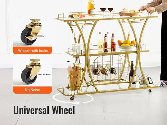 VEVOR 3 Tiers Gold Metal Bar Serving Cart with Wine Rack Glass Holder 180 lbs BLFWCCB14X43XARO0V0