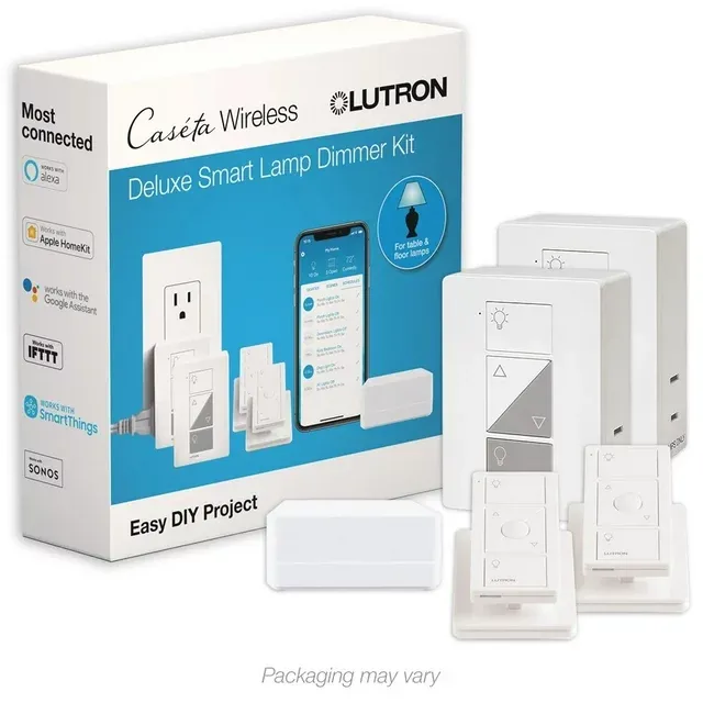 Lutron Caseta Smart Lighting Kit w/ Hub, 2 Lamp Dimmers, 2 Pico Remotes & More for 100W Lamp Light Bulbs, Works w/ Alexa, Apple Homekit, Google Home, P-BDG-PKG2P